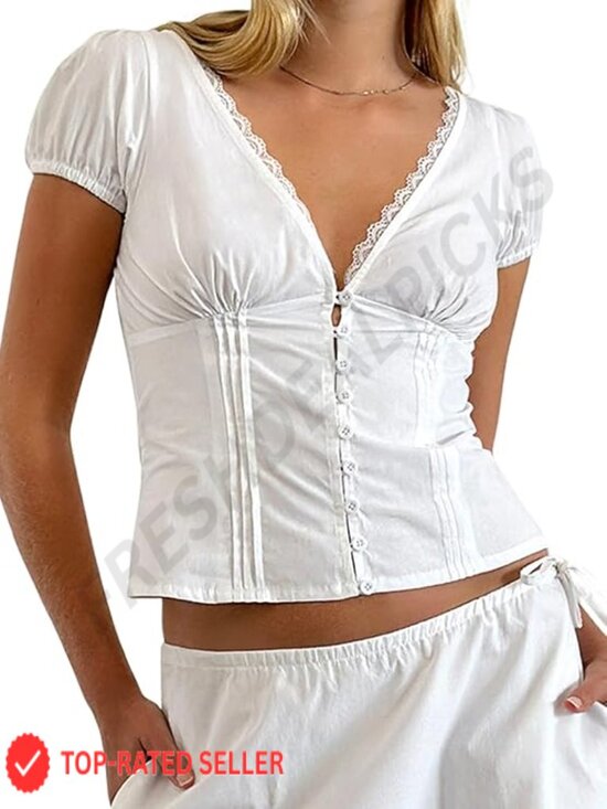 Tops - Y2K Preppy Button Down Shirt Vintage Coquette Crop Top V Neck Blouse